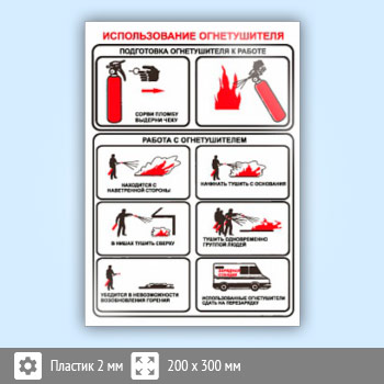 Знак «Использование огнетушителя», B16 (пластик, 200х300 мм)